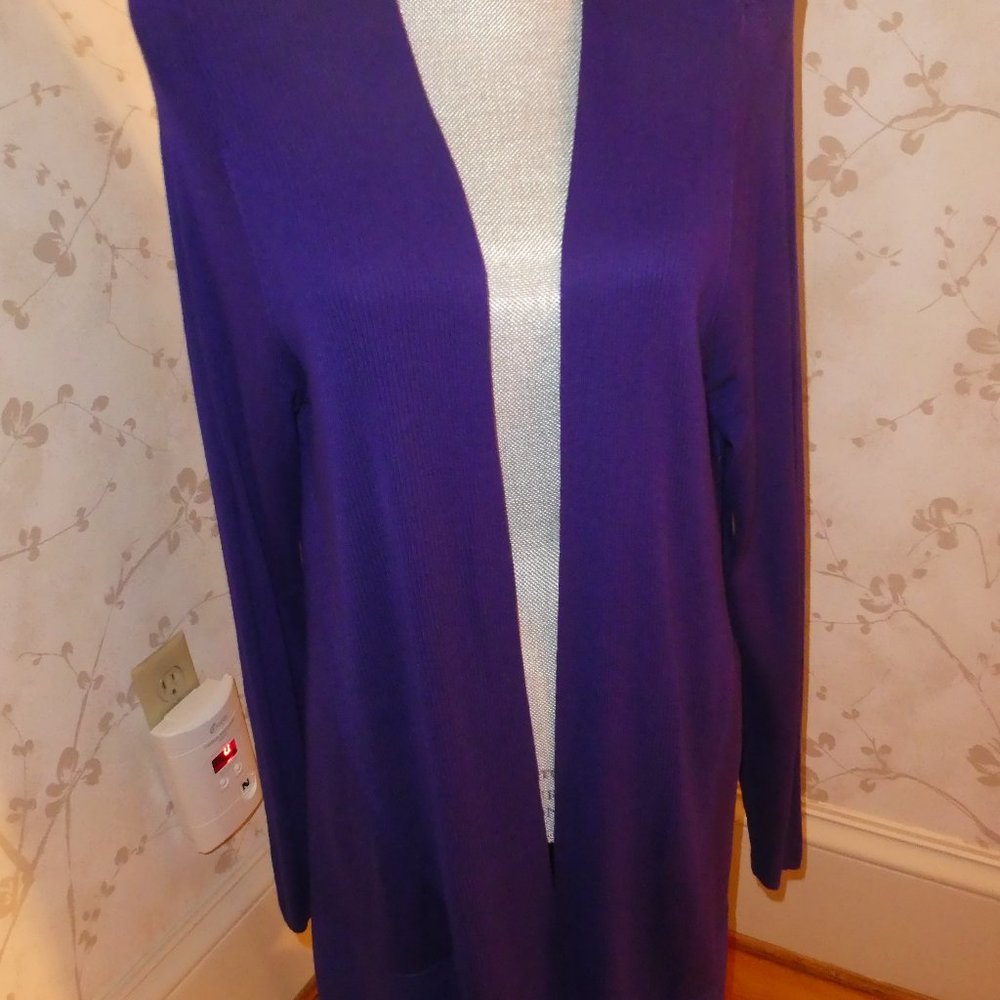 CHICOS OPEN FRONT DUSTER SWEATER, LS, NICE DETAILING-PURPLE-SIZE 2 -NEVER WORN